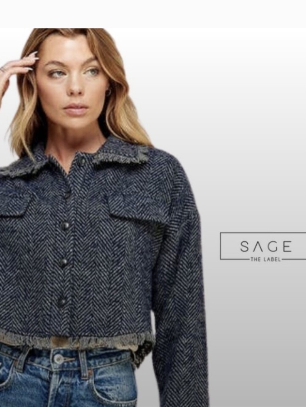 Sage The Label Jacket Women Gray Wool Blend Cropped Herringbone Tweed size L - Picture 6 of 10